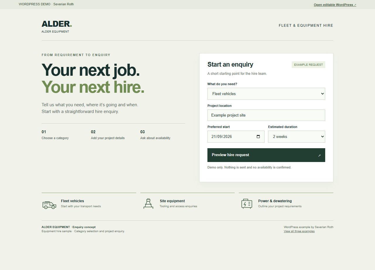Alder Equipment Hire homepage preview